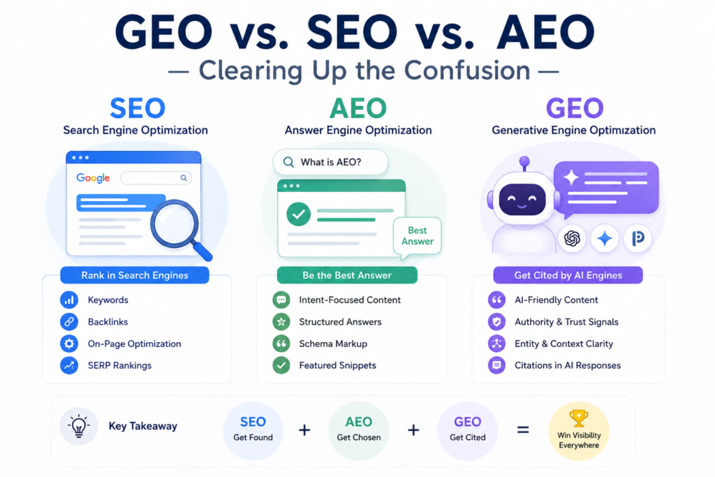 GEO vs. SEO vs. AEO — Clearing Up the Confusion